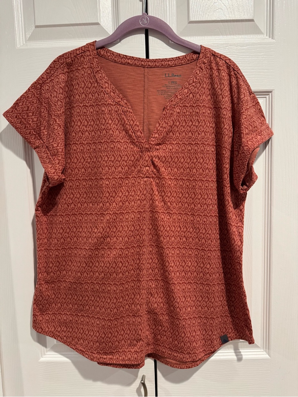 L.L. Bean Rust Patterned Short-Sleeve V-Notch Top